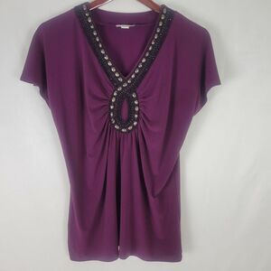 Mercer Street Shirt Womens Medium Top‎ Purple Beaded V Neck Short Cap Sleeve